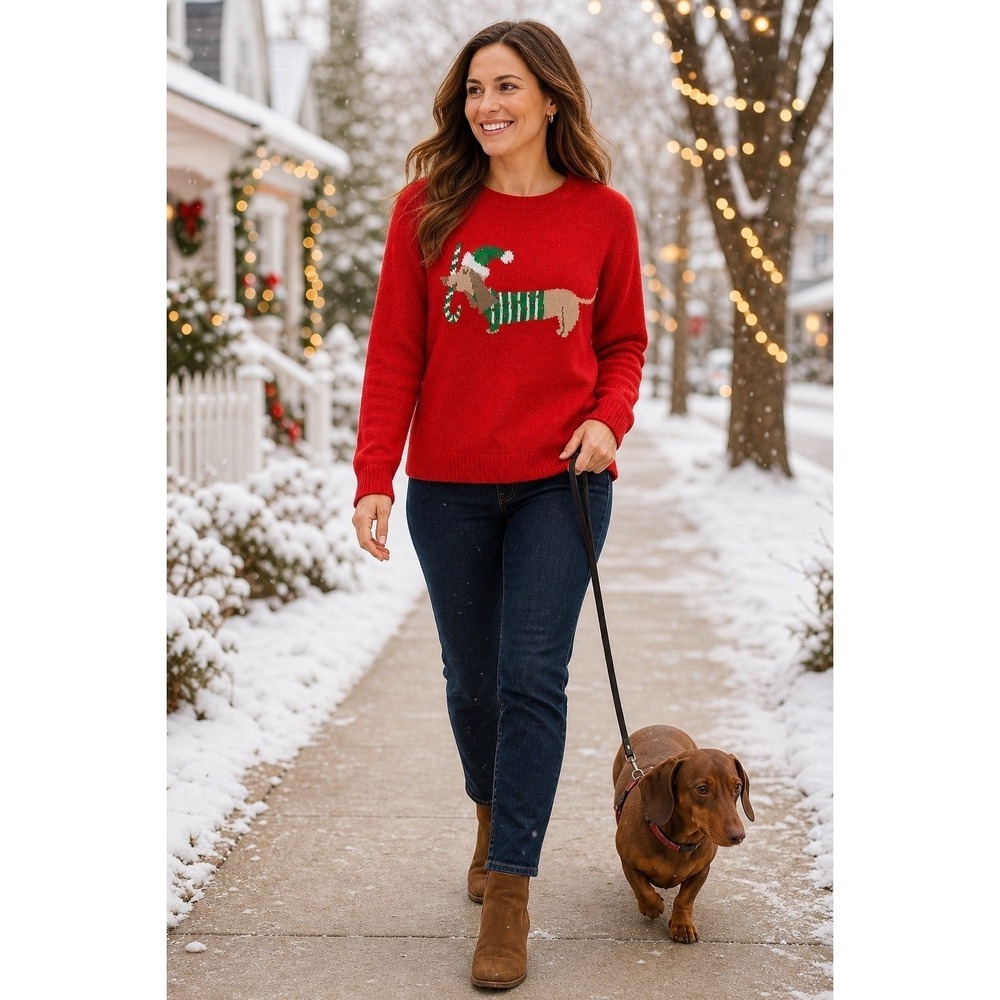 Crystal-Kobe Christmas Dachshund Sweater XL Red Beaded Candy Cane